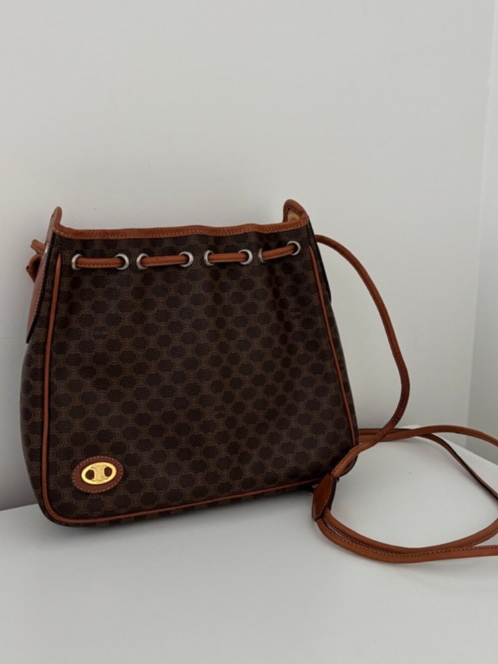 Vintage Celine Macadam Drawstring Bucket Bag - Brown Coated Canvas, Crossbody